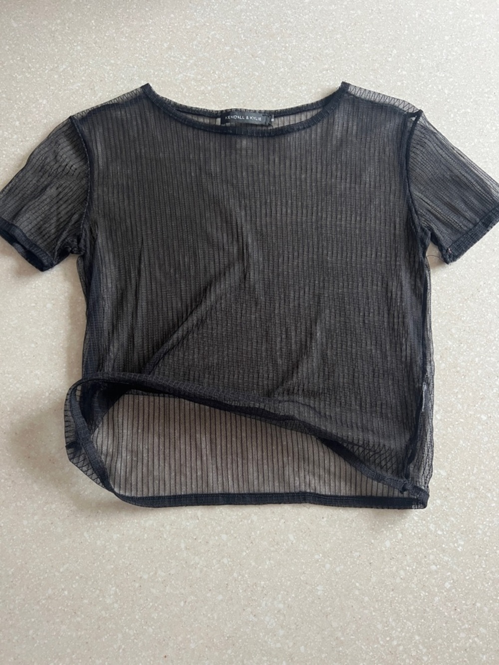 Kendall & Kylie Black Sheer Ribbed Short Sleeve Tee